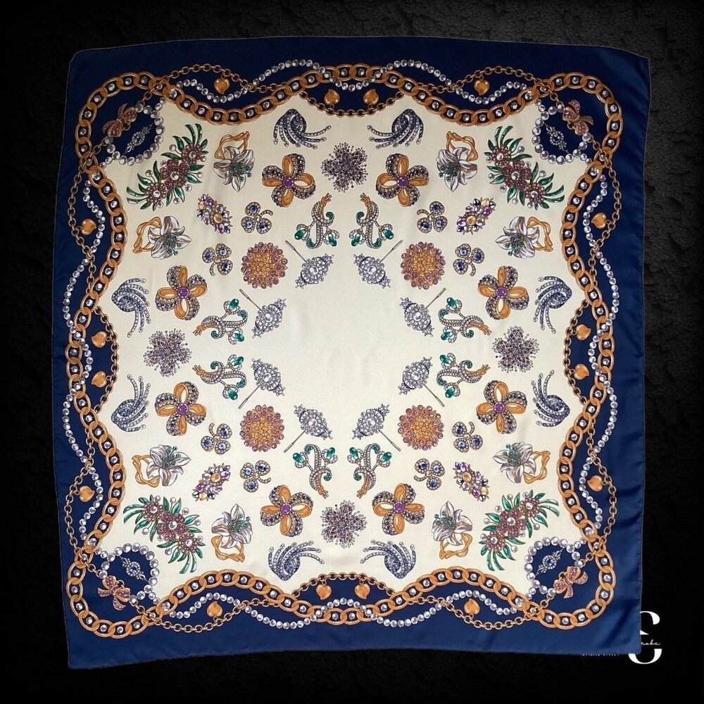 MEDITERRANEA White Jewelry Print Polyester Scarf Made In Italy 35" SQR EX COND